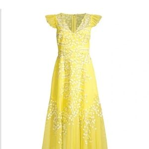NWT BCBG MAXAZRIA Embroidered Tulle Ruffle Applique Dress Aurora Yellow Size 0